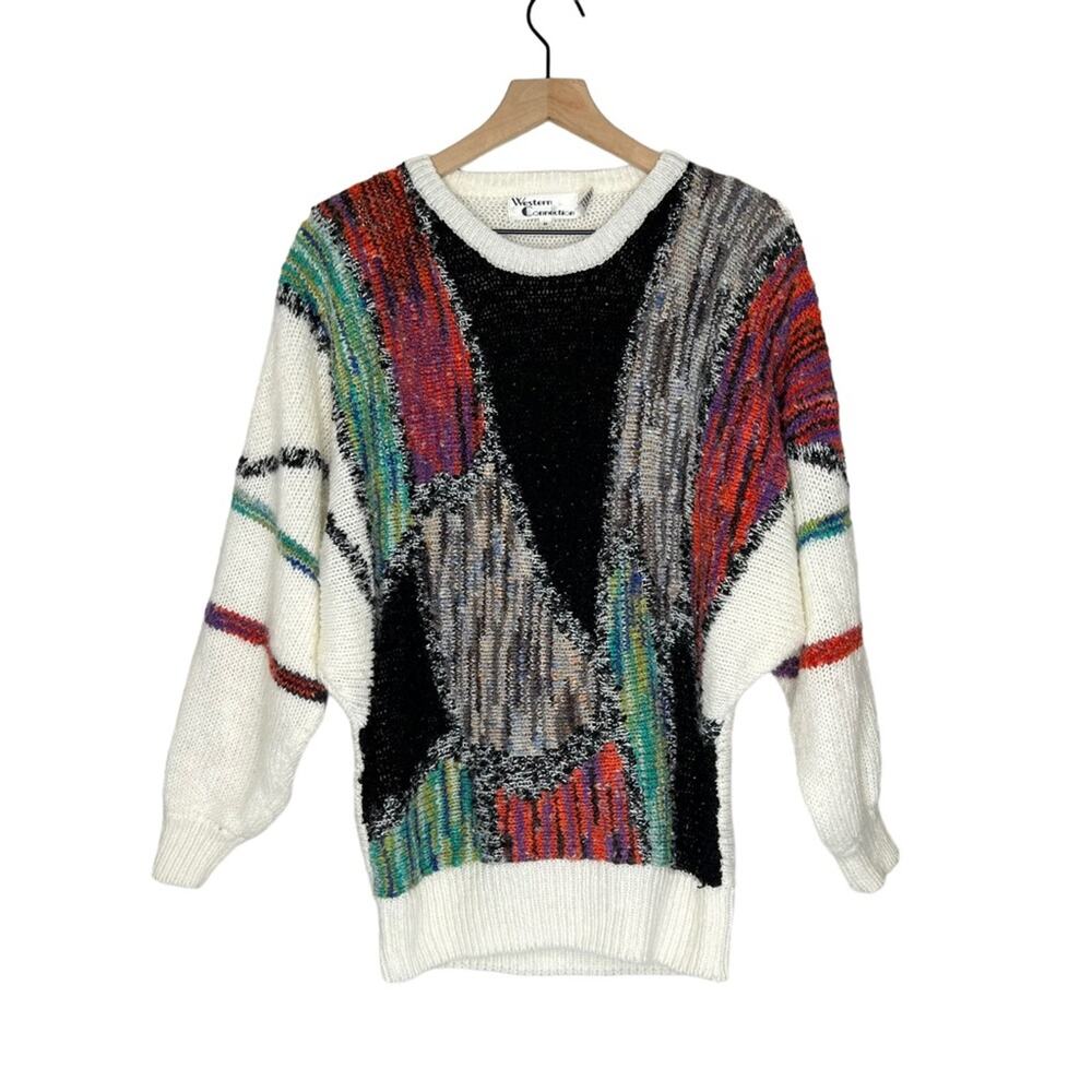 vintage 80s western connection sweater Size M Knitted Color Block Shoulder Pads